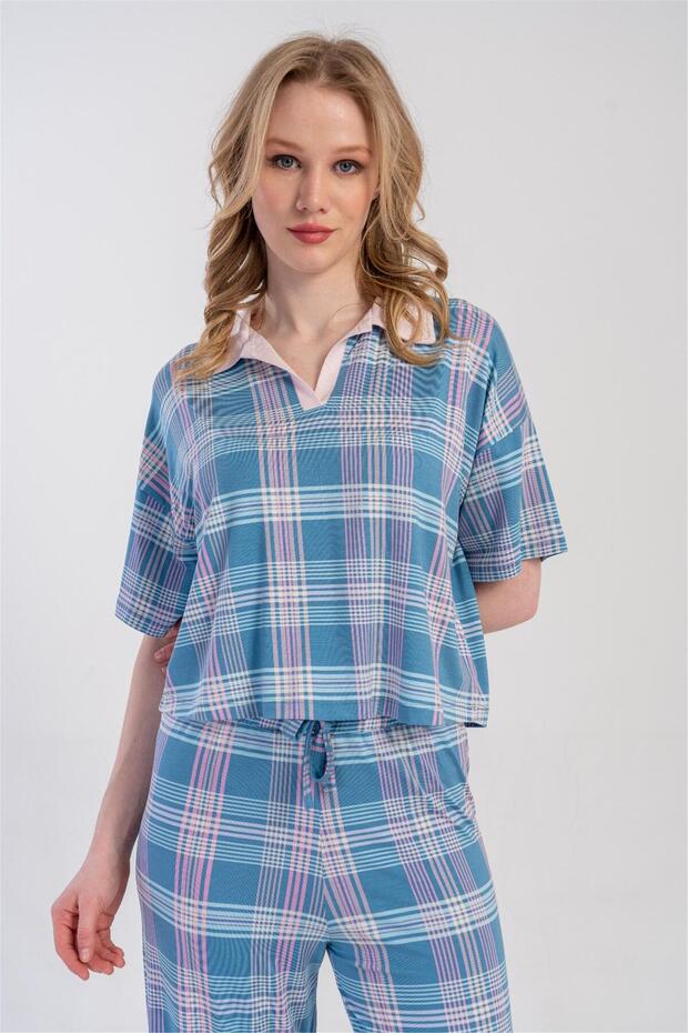 Women's Blue Plaid Collar Detailed Top