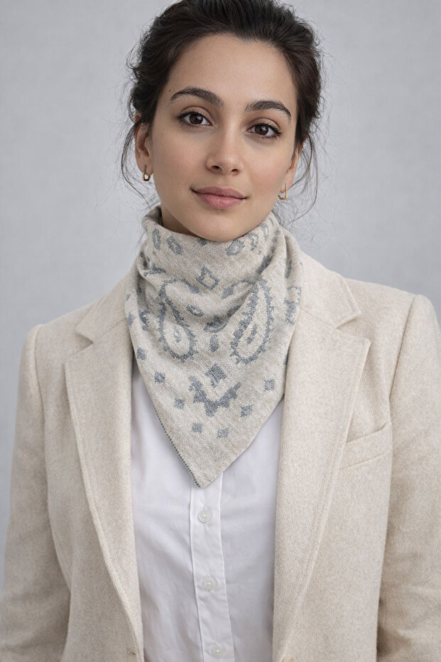 Desenli Çift Taraflı Triko Üçgen Fular - 3