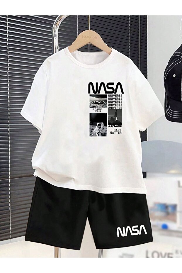 Summer Nasa Visual and Text Printed Boys' Black Shorts and White T-Shirt Set