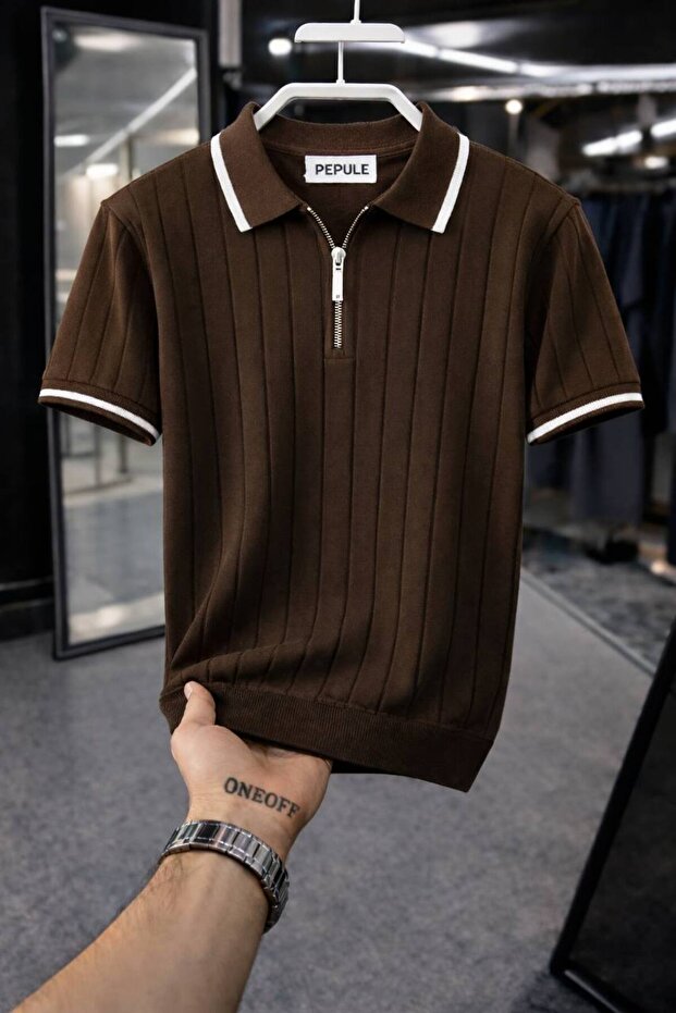 Men's Polo Collar Knit Textured Half-Zip Regular Cotton T-shirt