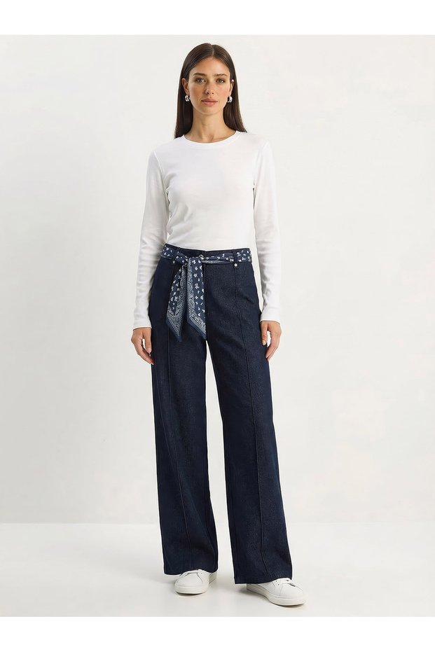 Women's Navy Blue Satin Belt Detailed Wide Leg Denim Trousers 7510 60283941