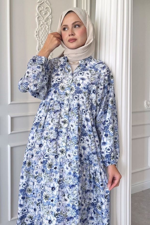 Nergis Çiçeği Mavi Mango Elbise - 3
