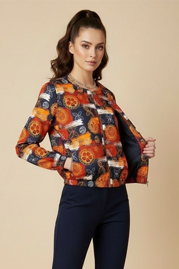 Women's Colorful Floral and Ethnic Pattern Zip-Up Scuba Bomber Jacket