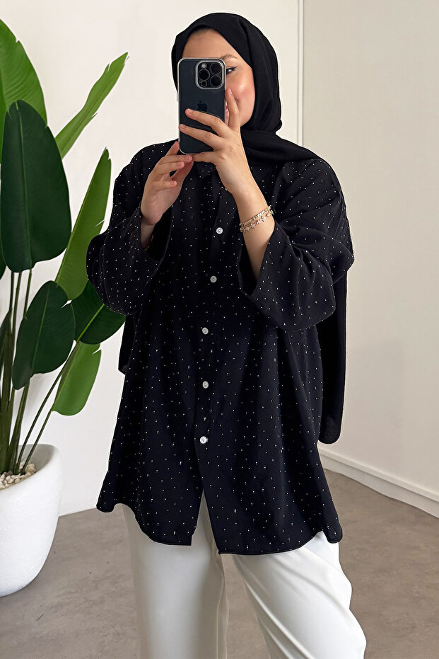 Taş Baskılı Gömlek - Siyah - 1