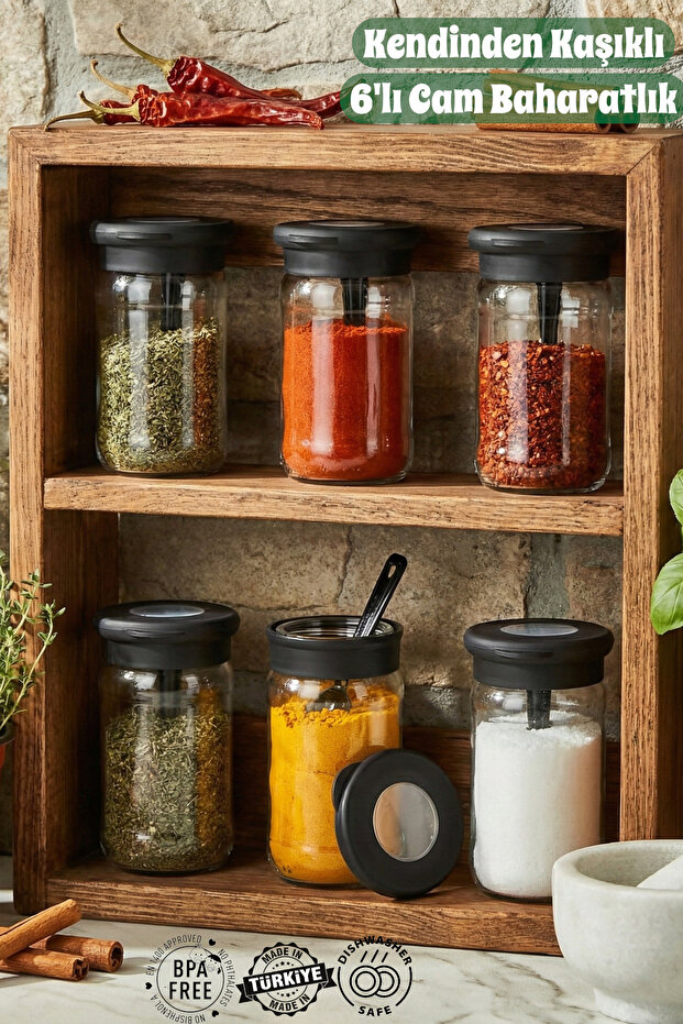 Qlux Ideas 6-Piece Glass Spice Jar Set with Spoons - Practical Spice Jar Set Domestic Production Bpa Free
