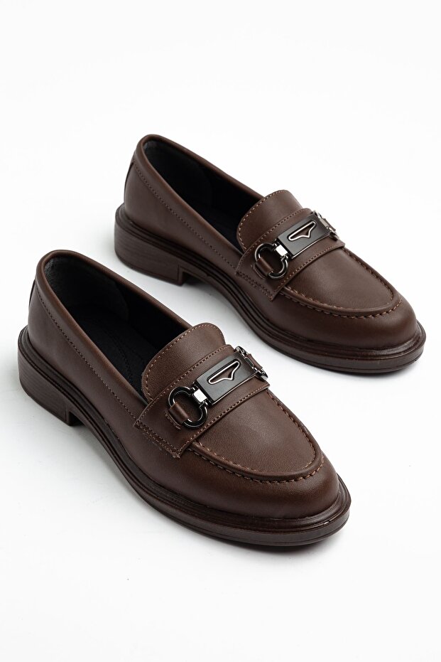 Women's Bitter Brown Leather Buckle Loafer Shoes