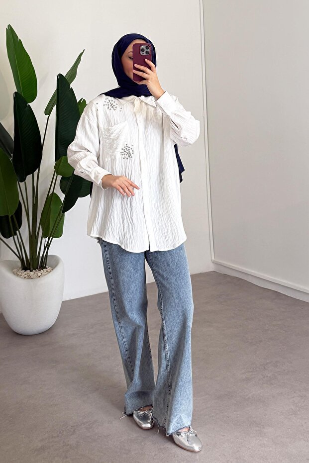 Taşlı Gömlek - Beyaz - 4