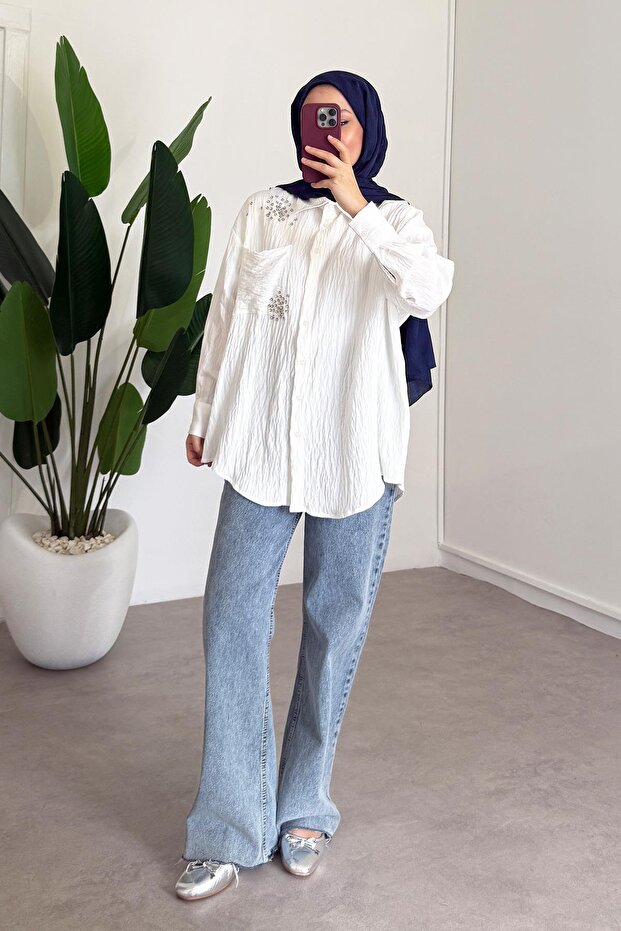 Taşlı Gömlek - Beyaz - 3