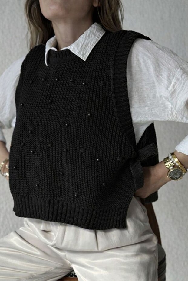 Pearl Detailed Side Tie Sweater