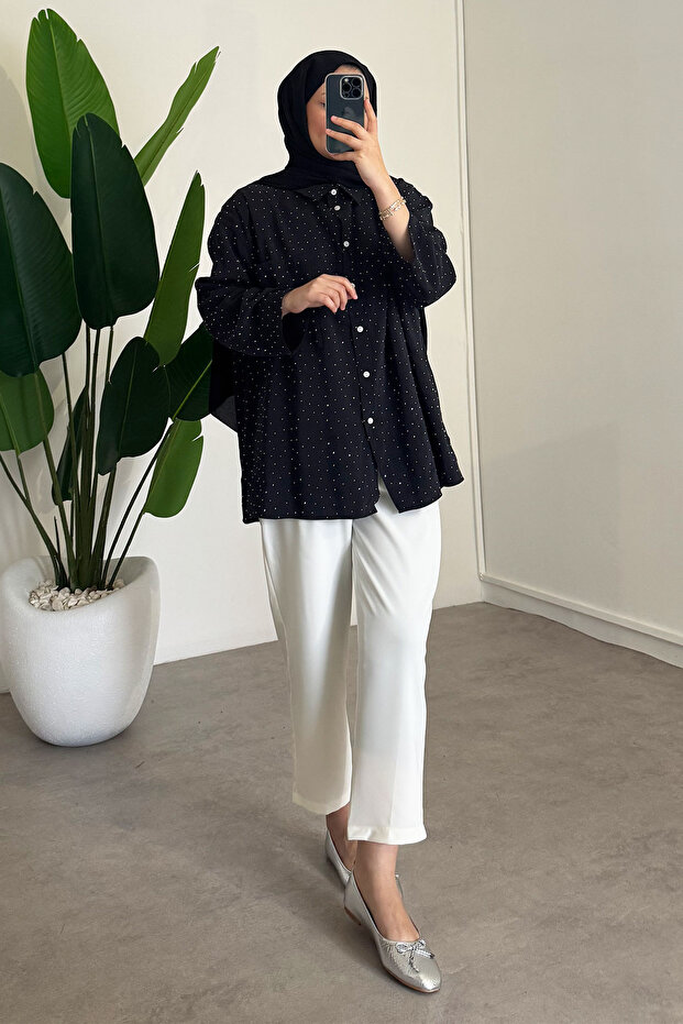 Taş Baskılı Gömlek - Siyah - 4