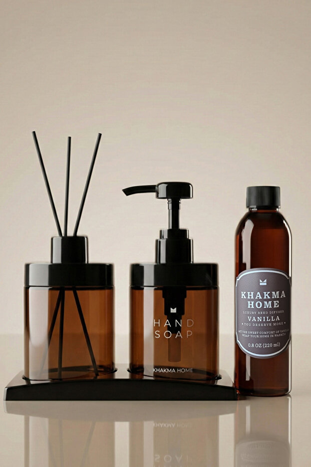 طقم موزع صابون برائحة الفانيليا - موزع صابون سائل سعة 220 مل، معطر وعطر بديل