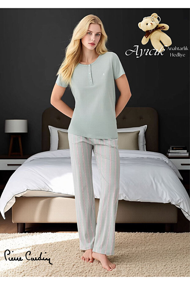Women's Button Detailed Pajama Set - Modal & Cotton Comfortable Home Wear (with Teddy Bear Keychain Gift)