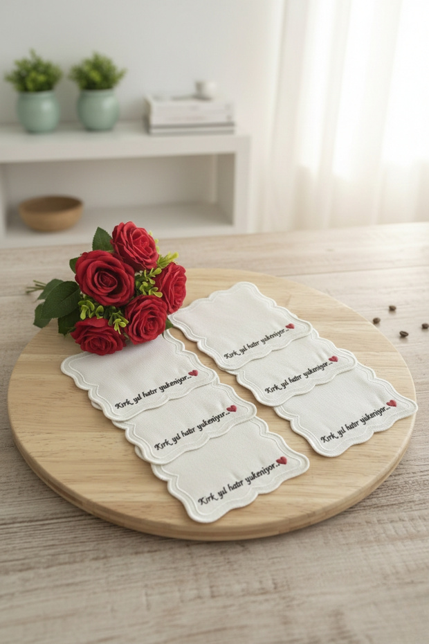 40 Years of Memory 6 Pieces of Embroidered Linen Fabric Coffee Serving Napkins & Coasters