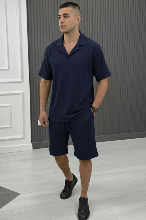 Men's Navy Blue Wrinkled Fabric Polo Collar Short Sleeve Short Tshirt Set