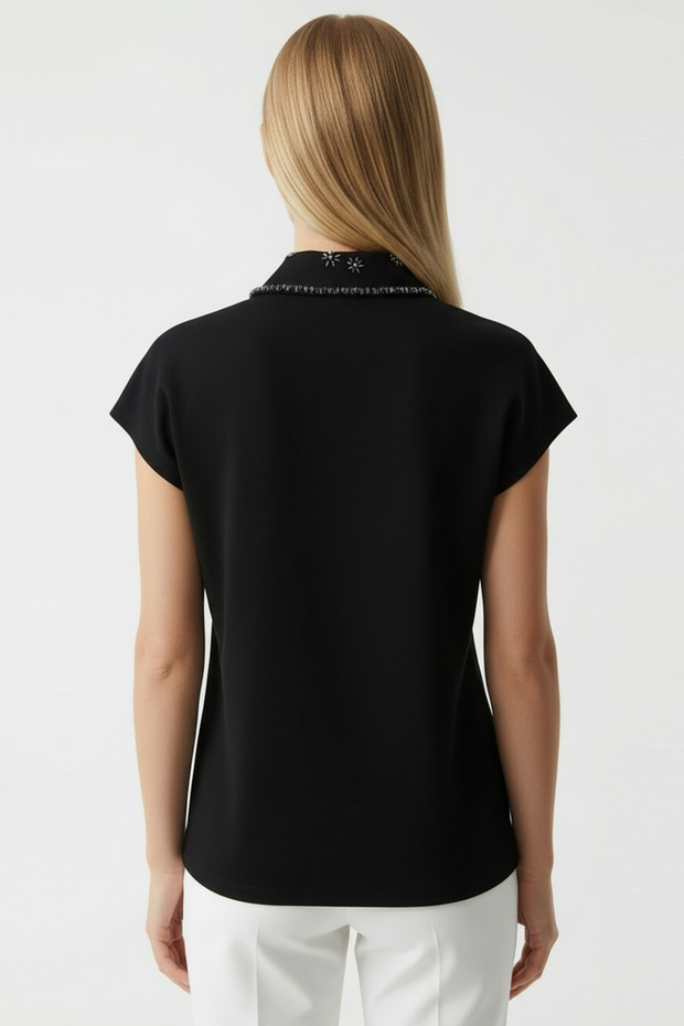 Gömlek Yaka İşlemeli Kolsuz Regular Örme Tişört - 4