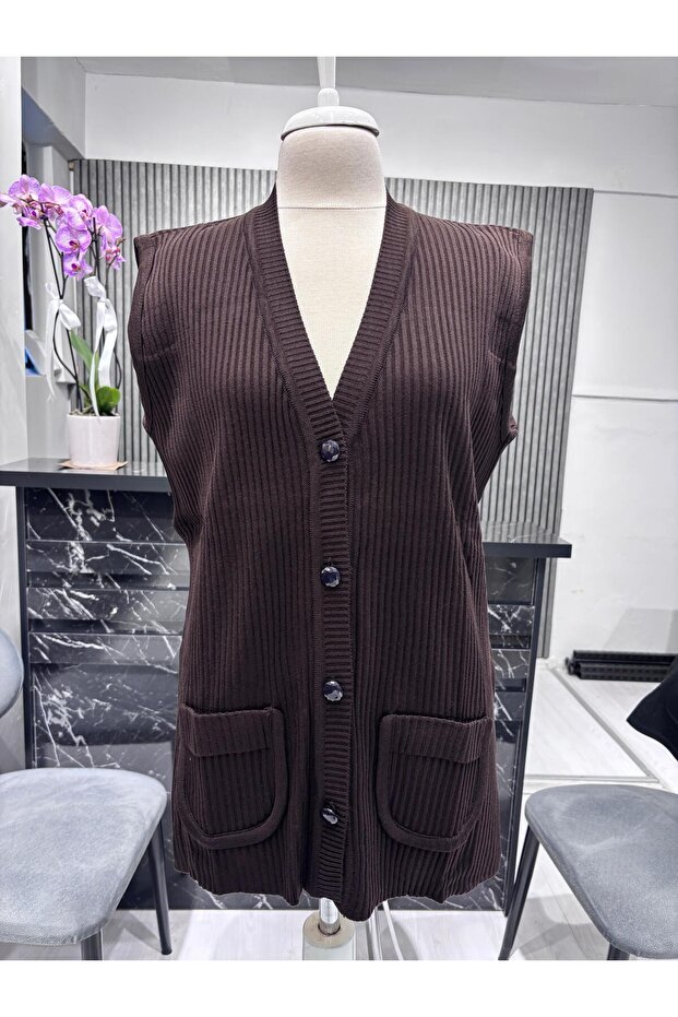 Wool Knitted Patterned Knitwear 5-Button Mother's Vest Brown