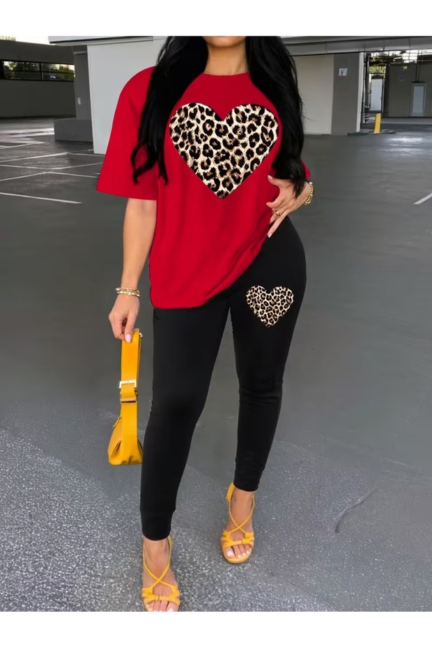 Women's Leopard Heart Printed Oversize T-Shirt Leggings Set Loose Combination Boyfriend Style