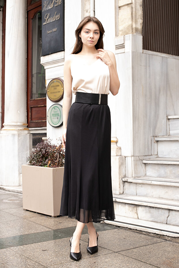 Women's Lined Lace-Tulle High Waist Slim Fit Long Below Knee Fish Cut Skirt-Black