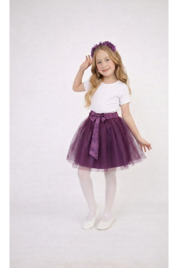 Girl's April 23Rd October 29Th Performance Outfit Solid Color Short Sleeve Red T-Shirt Purple Tutu Skirt Set