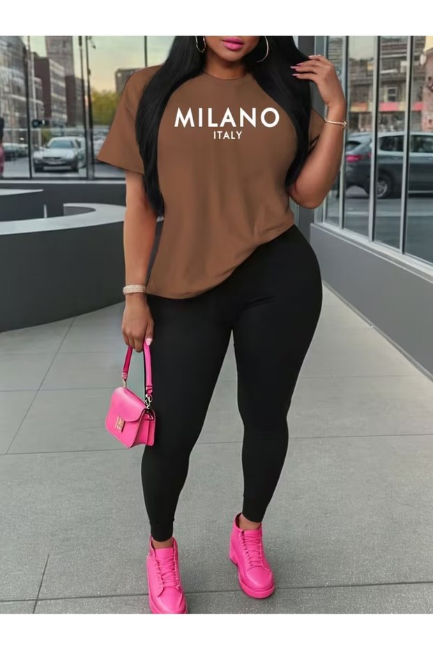 Women's Milano Printed Oversize T-Shirt Leggings Set Casual Combination Boyfriend Style