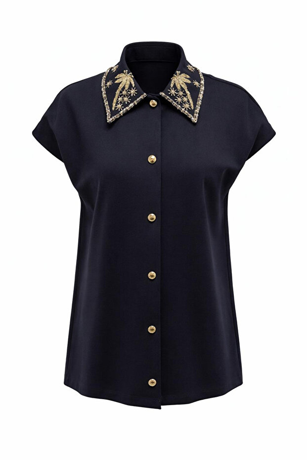 Gömlek Yaka İşlemeli Kolsuz Regular Örme Tişört - 6