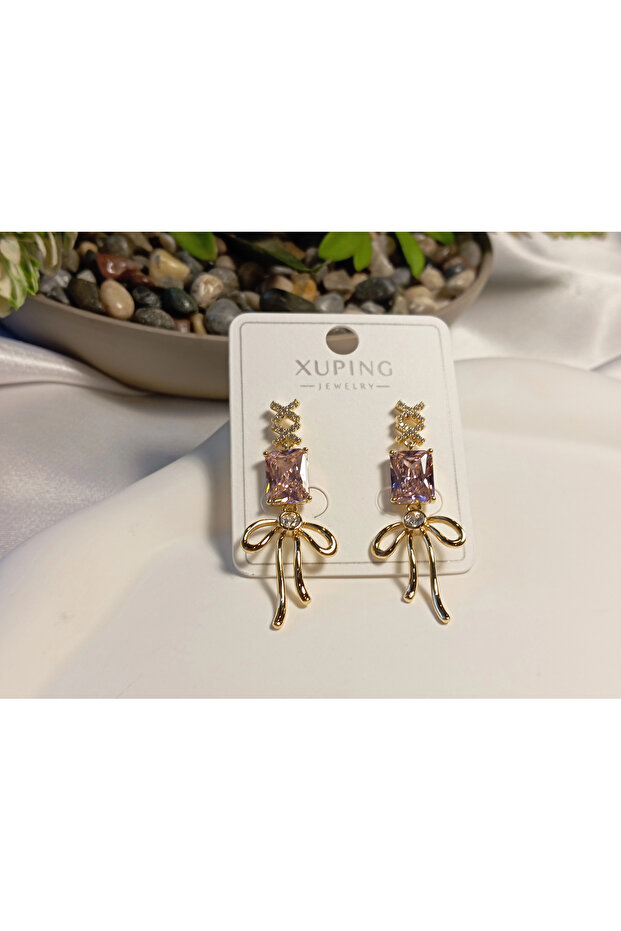 Pink Zircon Stone Detailed Bowknot Xuping Earrings 3.5 cm