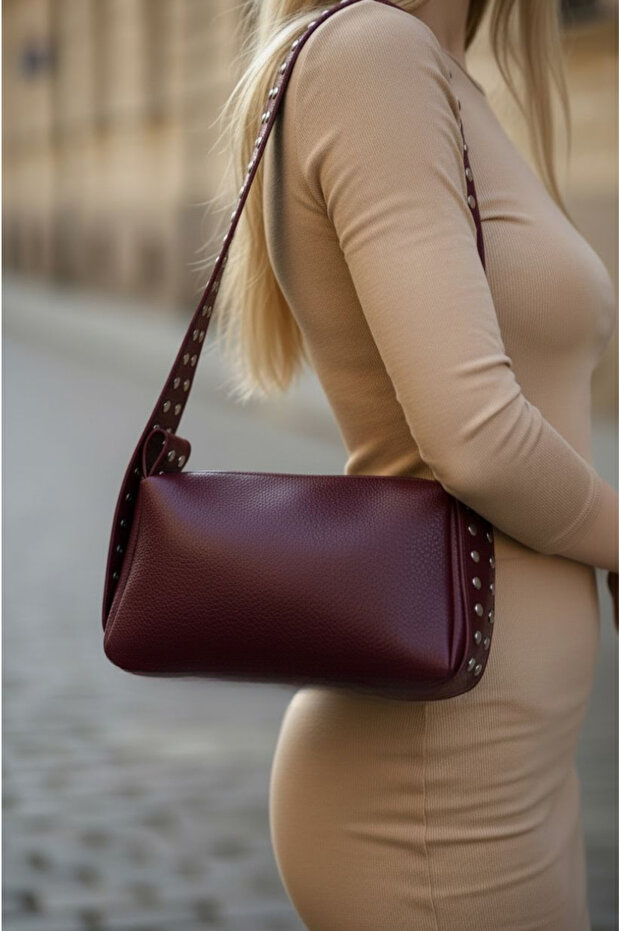 Studded Strap Detailed Zippered Soft Leather Women's Hand and Shoulder Bag