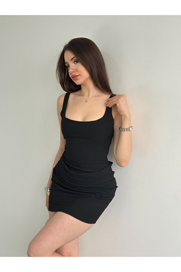 Askılı Drapeli Mini Elbise - 6