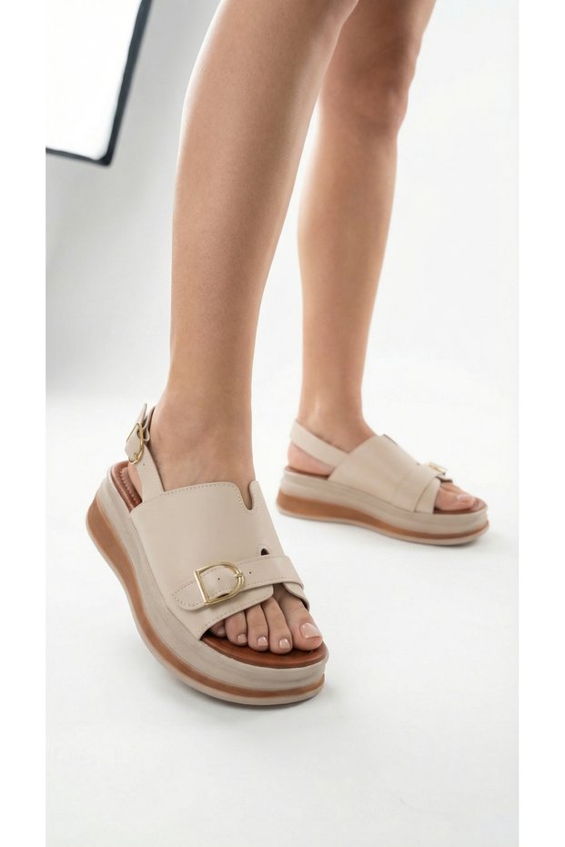 High-Heeled Ankle Buckle Women's Summer Sandals with Gold Buckle Detail on the Front