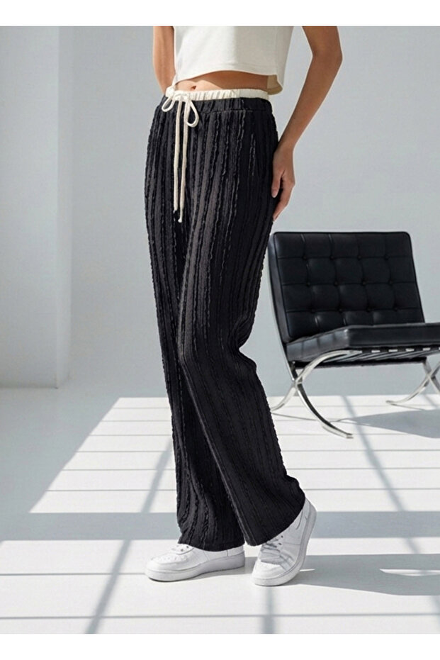Drawstring Textured High Waist Pants - 3
