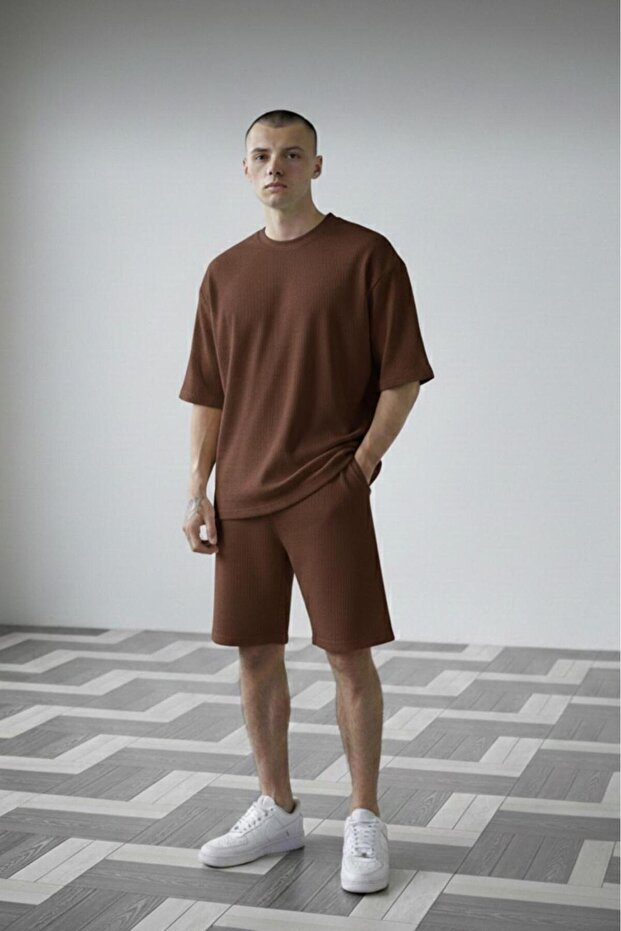 Men's Brown Ottoman Ribbed Oversize T-Shirt Shorts Set