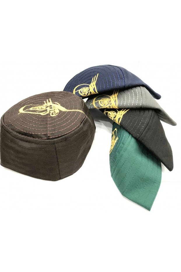 Tuğra Patterned Molded Fabric Skullcap - 12 Pieces - Khaki Green Color - Prayer Skullcap - Mixed Size