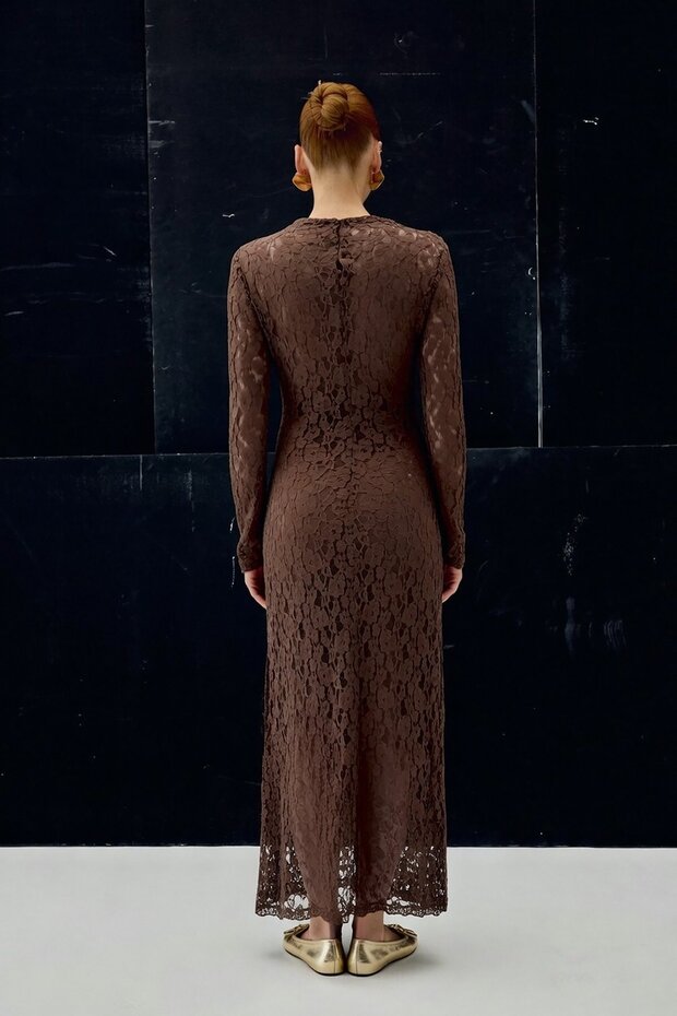 Dantel Elbise - Kahve - 7