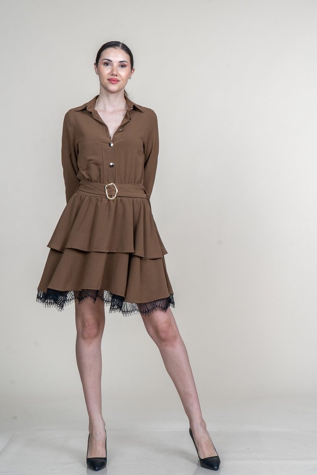 Women's Summer Coffee Color Lace Detailed Long Sleeve Short Dress Stylish Casual Comfortable 50371
