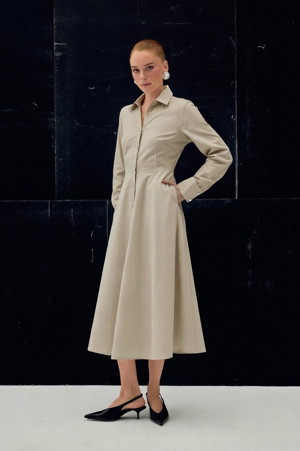 Rochie lungă cu nasturi - Bej - 3