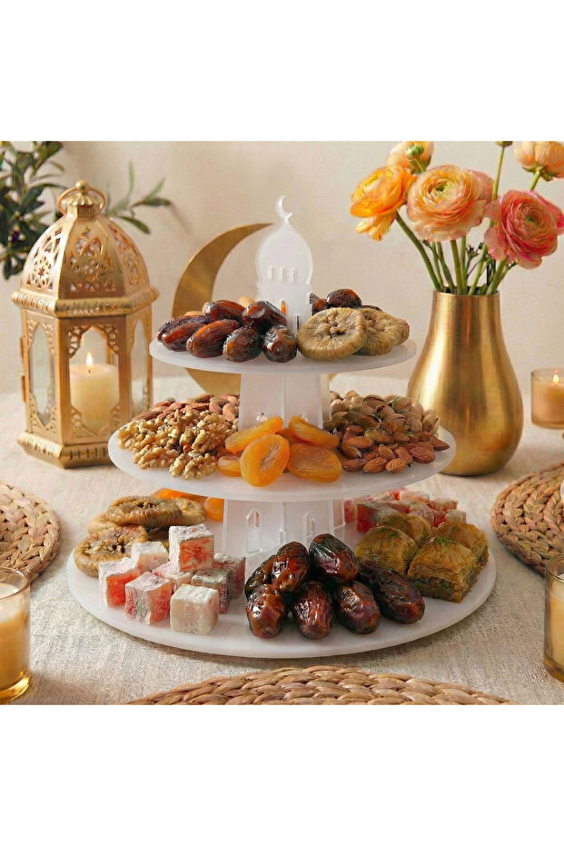 حامل عرض دائري بتصميم من 3 طبقات - ديكور تقديم الطعام الإسلامي