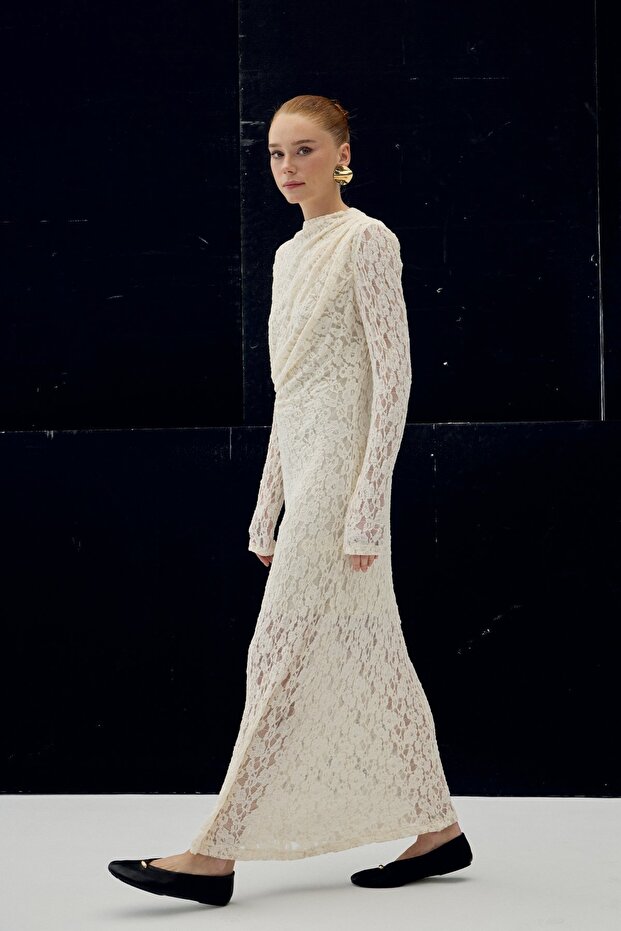 Dantel Elbise - Bej - 1