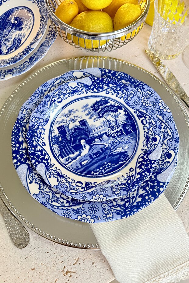 Carbon Blue 6-Person 21 cm Special Design Premium Porcelain Cake Plate Set with Blue Table Pattern