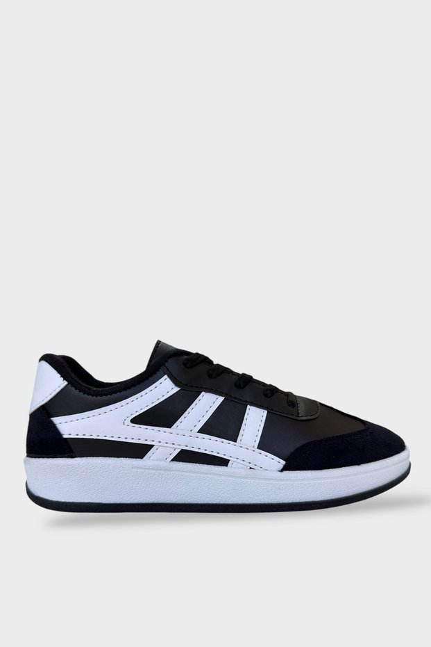 Unisex Casual Sports Shoes with Side Stripes and Laces Black - White