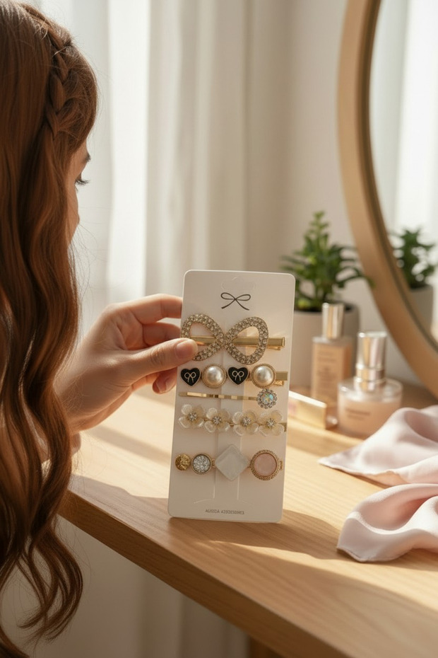Gold Pearl Stone Detailed 5-Piece Side Buckle Set Women's Side Buckle Set