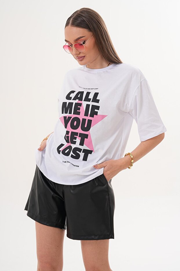 Women's Print Detailed Crew Neck Oversize T-Shirt 260149