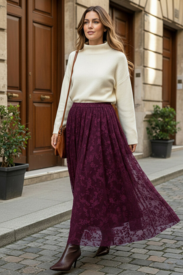 Flock Printed Skirt K214 Plum