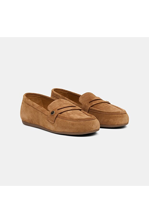 Women's Tan Metal Detailed Suede Loafer