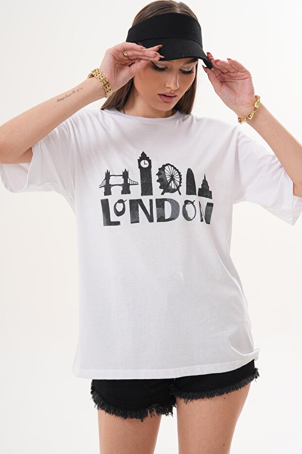Women's Print Detailed Crew Neck Oversize T-Shirt 260260 -