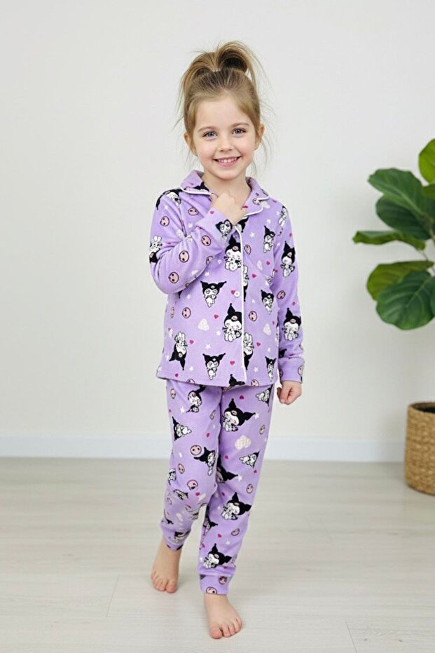 Miniğimin Cicileri Krm Patterned Suede Girls' Pajama Set - Lilac