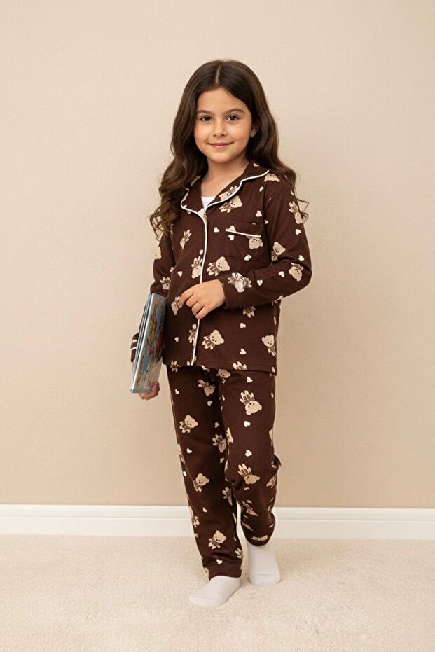 My Little One's Teddy Bear Patterned Suede Girls' Pajama Set - Bitter Brown