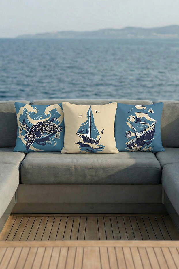 3-Piece Marine Pattern Throw Pillow Cover Waterproof Wipeable Digital Printed Ship Yacht Decoration Set04
