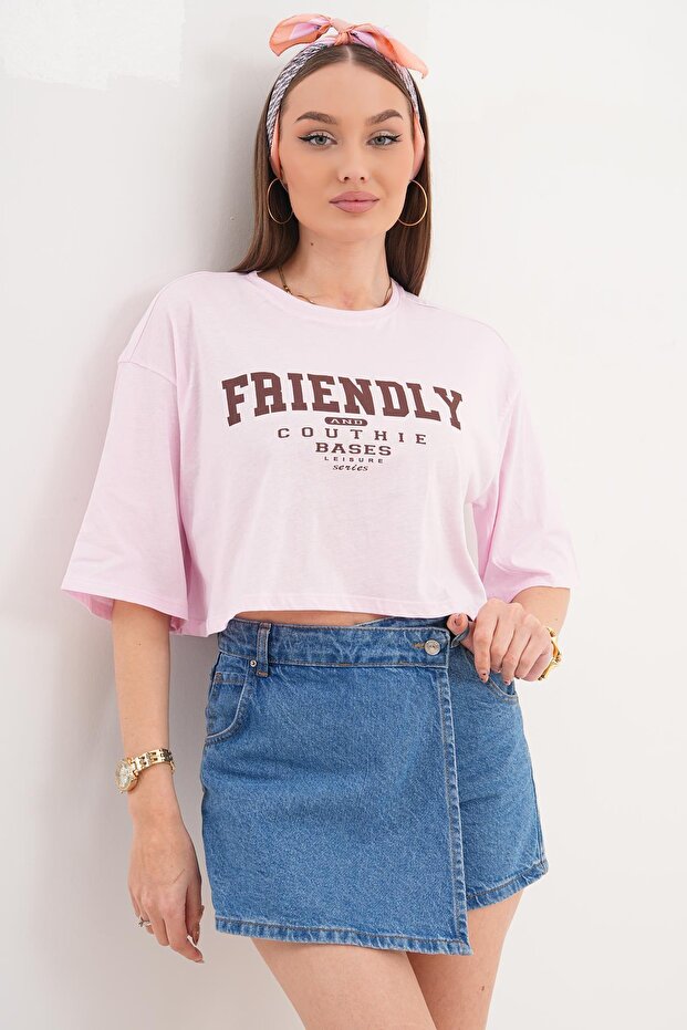 Women's Print Detailed Crew Neck Oversize Short T-Shirt 260130