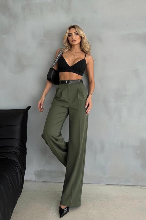 Women's Pleated Palazzo Pants Imported DoubleFace Fabric High-Quality Product High-Waisted Belted