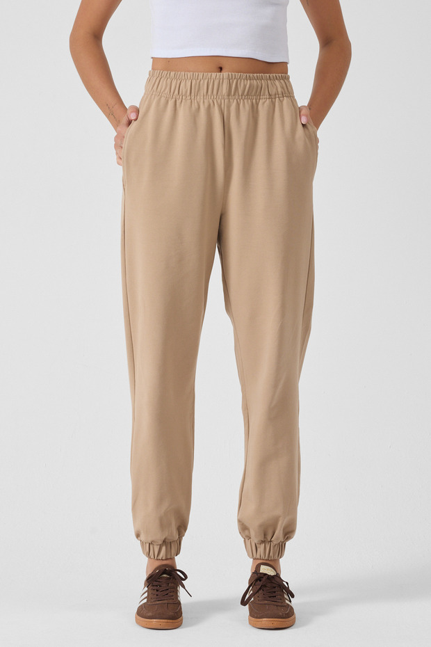 Women's Beige High Waist Elastic Cuffed Lace-Up Comfortable Fit Jogger Sweatpants - H5991